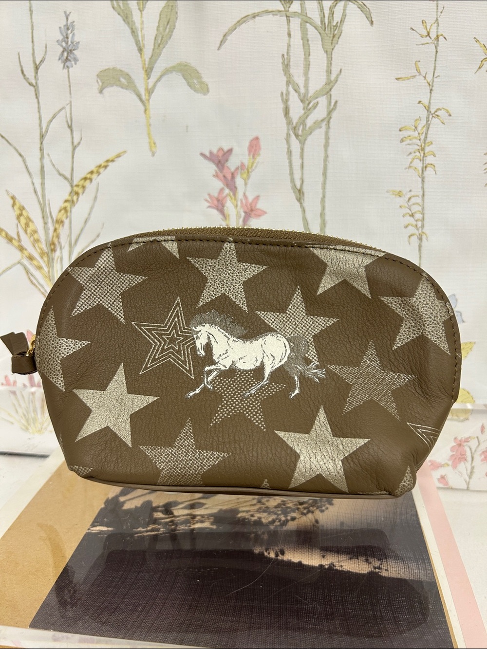 Brown Star & Horse Print Leather Cosmetic Pouch
